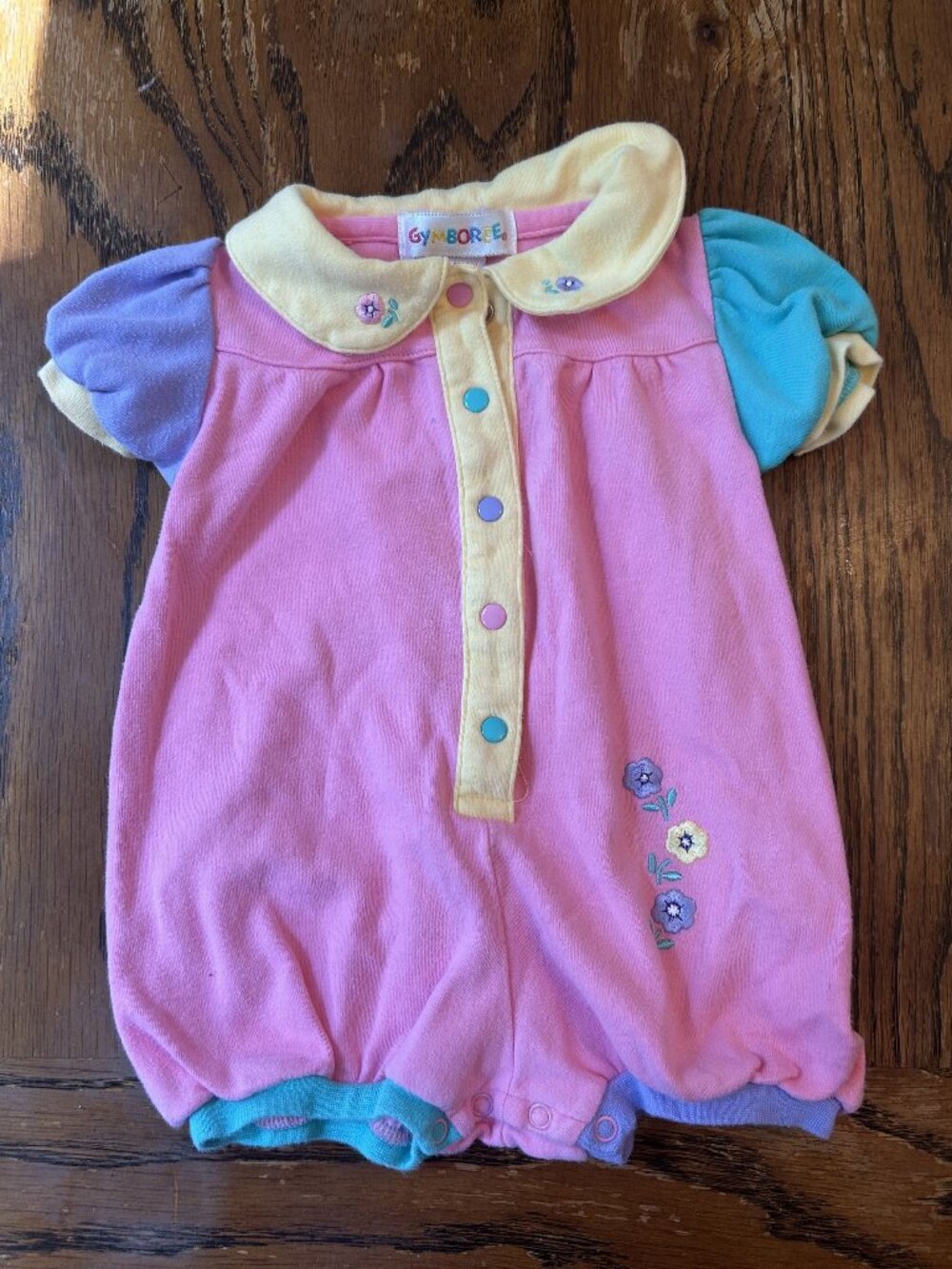 Vintage 90s Gymboree Infant Bubble Romper Pink & Yellow Floral Embroidery Cotton